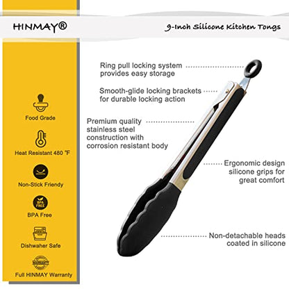 HINMAY 9-Inch Serving Tongs Silicone Tongs, Set of 3 (Black White Gray) - color: Black Gray White