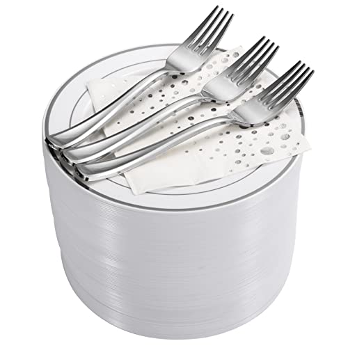 Silver Dessert Plates Set, 100 Wedding Plates, Forks and Napkins, 7.5 Inch | Sturdy plastic, cake service, appetizer tables, salad course, weddings, birthdays, easy cleanup - color: Silver, style: Plates,Forks and Napkins