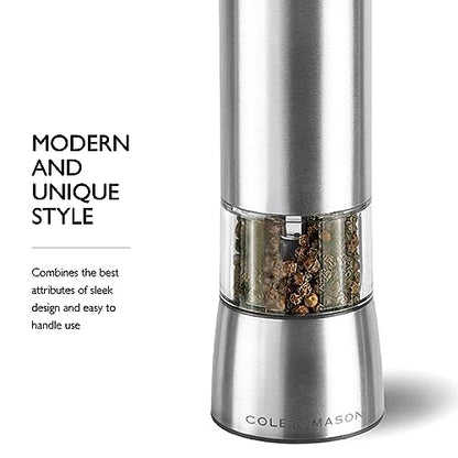 Cole & Mason Hampstead Electronic Pepper Mill - Electric Pepper Grinder Set - Adjustable Electric Spice Grinder - Hand Wash - Stainless Steel