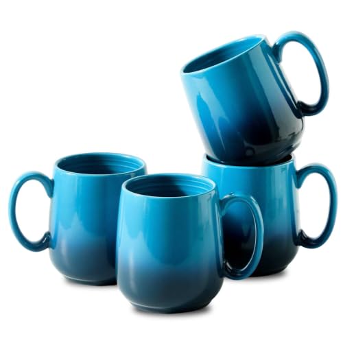 HASENSE 15oz Large Ceramic Mug Set, 4-Piece Blue Ombre Coffee Cups with Handle – Microwave & Dishwasher Safe for Cappuccino Latte Tea, Housewarming Present - color: GradationBlue, size: Set of 4