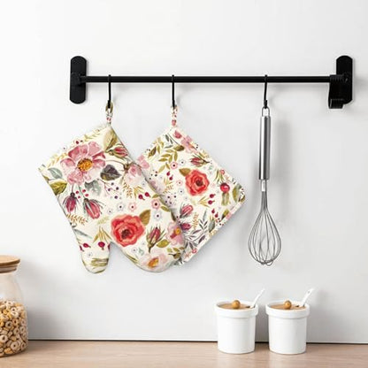 Wildflowers Floral Oven Mitts Pot Holders Set Silicone Heat Resistant Botanical Floral Oven Mitts and Hot Pads Potholders Non-Slip Oven Gloves for Cooking Baking Grilling BBQ - color: Red Green Beige