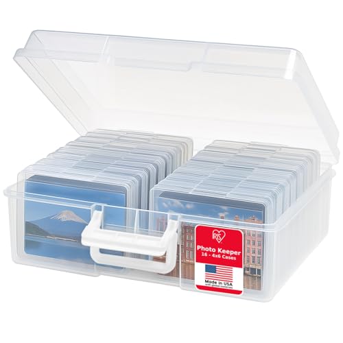 IRIS USA Photo Storage Box |Made in USA| 16 Cases - Clear | Fits 4" x 6" Pictures / Built-In Handle / Organizing Containers for Tasks, Stickers, Ephemera & Flashcards - color: Clear, size: 16 Cases (4x6), style: Handle Box