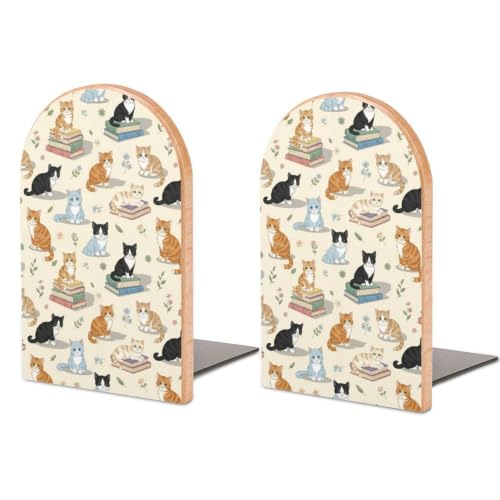 Wood Book Ends Heavy Duty Bookends Support with Metal Base, Cat Books, Book | Stopper, Non-Slip and Sturdy, Decorative for Home Office and Library - color: Style(504)