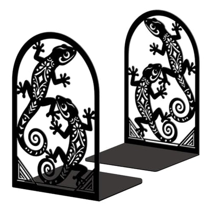 5.3"x4.3"x7.9" Metal Bookends, Heavy Duty Book Ends for Shelves | Geckos Theme Cast Iron Book Supports, 1 Pair Decor Stoppers for Desk, Library, Office & Home Shelves - style: Geckos