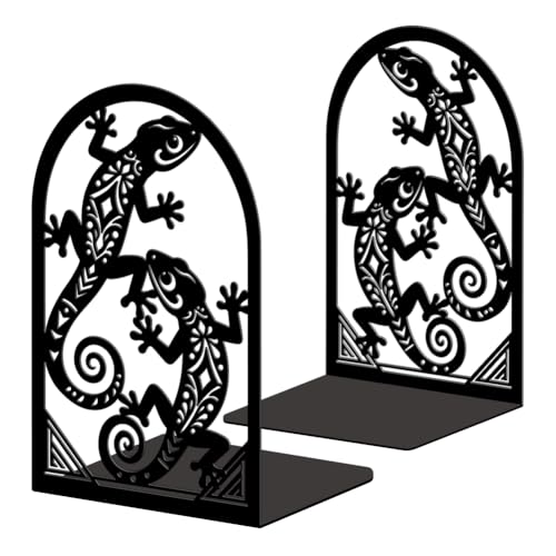 5.3"x4.3"x7.9" Metal Bookends, Heavy Duty Book Ends for Shelves | Geckos Theme Cast Iron Book Supports, 1 Pair Decor Stoppers for Desk, Library, Office & Home Shelves - style: Geckos