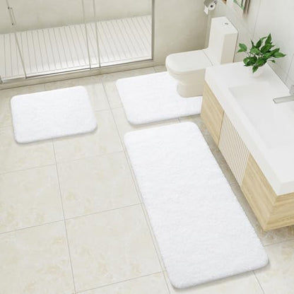 LOCHAS Bathroom Rugs Sets 3 Piece, Long Bath Mat Set Non Slip, White | Washable Absorbent Toilet Rug, Shaggy Soft Cozy Quick Dry - color: White, size: 48" x 20" + 24" x 17" + U Shape 24" x 20"