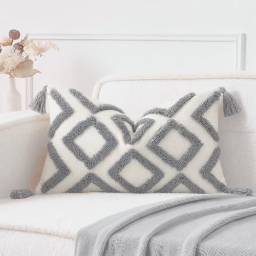 PANOD Soft Chenille Tufted Farmhouse Lumbar Pillow Covers 12x20 Inches Neutral Accent Striped Textured Decorative Pillow for Bed Couch Sofa Livingroom Bedroom Home Decor Tassel Gray - color: 2-grey, size: 20" x 12" (Pack of 1)