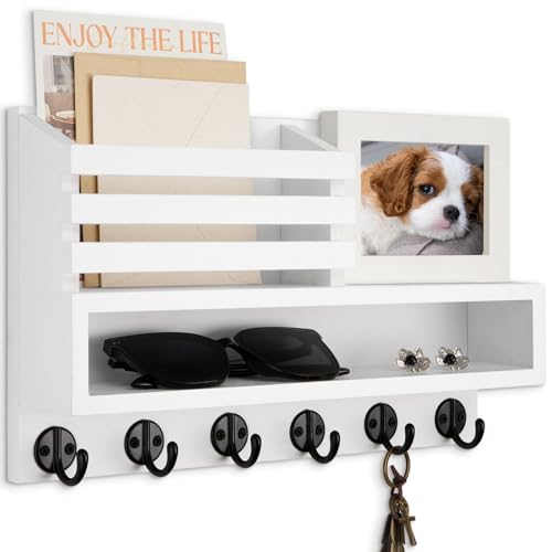 Key and Mail Holder Wall Mount, Key Holder with Long Storage Box | Key Hanger with Mail Slot,6 Key Hooks for Coat, Dog Leash, Home Decor Rack, House Accessories, Entry Way Organizer - color: White, size: Large - 13.8 Inch