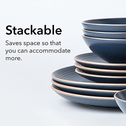 Arora RINGAR Round Stoneware 16pc Double Bowl Dinnerware Set for 4, Dinner Plates, Side Plates, Cereal Bowls, Pasta Bowls - Speckle Matte Blue (420796) - color: Speckle Matte Blue-Cereal/Pasta Bowl, style: Round-Service for 4(16pcs)