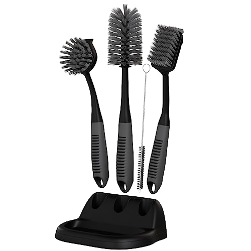 Dish Brush Set of 5 with Holder - Kitchen Scrub Brushes with Non-Slip Long Handle for Cleaning, Scrubber, Dishwashing, Dishes, Bottles, Straws, Cups, Pots & Sink, Black - color: Black