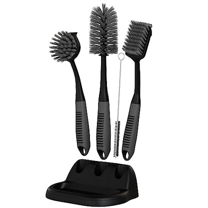 Dish Brush Set of 5 with Holder - Kitchen Scrub Brushes with Non-Slip Long Handle for Cleaning, Scrubber, Dishwashing, Dishes, Bottles, Straws, Cups, Pots & Sink, Black - color: Black