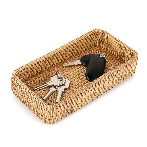 Hipiwe Key Basket for Entryway Table Small Natural Rattan Serving Tray | Wicker Storage Trays for Home Decor, Fruit Bowl Decorative Baskets for Kitchen, Coffee Table - color: Natural Color, size: 8.3" x 4.7" x 1.6"
