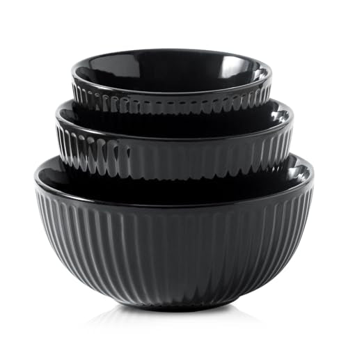 HASENSE Black Ribbed Porcelain Serving Bowls Set of 3 | 0.5/1/1.5 Qt Stackable Nesting Mixing Bowls, Large Prep Salad Pasta Fruit Bowls for Kitchen Baking Cooking Storage - color: Black, size: 24+42+65 Oz