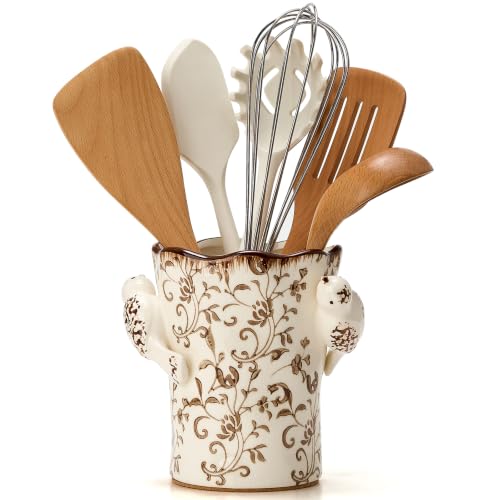 6.34"H Utensil Holder for Kitchen Counter, Modern Farmhouse Cooking Utensil Holder and Crock Home Kitchen Decor, Ceramic Utensil Organizer for Spatula, Ladle, Eggbeater- Brown Flower Patterns - color: Brown Flower Patterns- 2 Birds