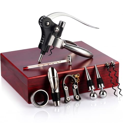 Wine Bottle Opener Set, 9-Pieces Stainless Steel Manual Corkscrew Kit with Classic Wooden Box, Wine Opener Set with Cutter, Spiral Stopper, Pourer for Home, Bar, Party, Birthday & Wedding Gift