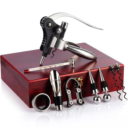 Wine Bottle Opener Set, 9-Pieces Stainless Steel Manual Corkscrew Kit with Classic Wooden Box, Wine Opener Set with Cutter, Spiral Stopper, Pourer for Home, Bar, Party, Birthday & Wedding Gift