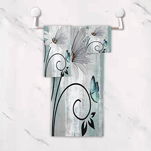 Bath Towels Set Farm Teal Daisy Floral Flowers Butterfly on Country Wooden 3 Piece Towel Set(1 Luxury Bath Towel 1 Hand Towel 1 Washcloth) Soft Absorbent Decorative Bathroom Kitchen Towels