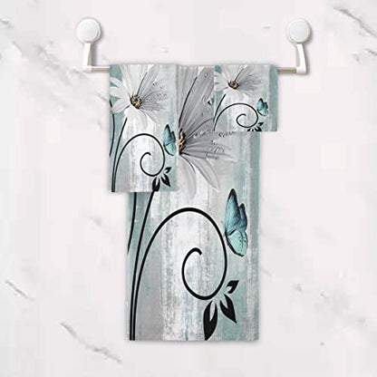 Bath Towels Set Farm Teal Daisy Floral Flowers Butterfly on Country Wooden 3 Piece Towel Set(1 Luxury Bath Towel 1 Hand Towel 1 Washcloth) Soft Absorbent Decorative Bathroom Kitchen Towels
