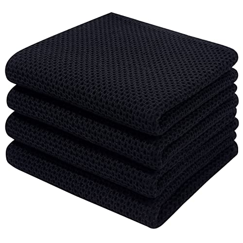Homaxy 100% Cotton Waffle Weave Kitchen Dish Towels 4-Pack, Black | 13 x 28 Inches, Ultra Soft Absorbent Dish Towels, Quick Drying Cleaning Towels - color: Black, size: 13 X 28 - 4 Pack