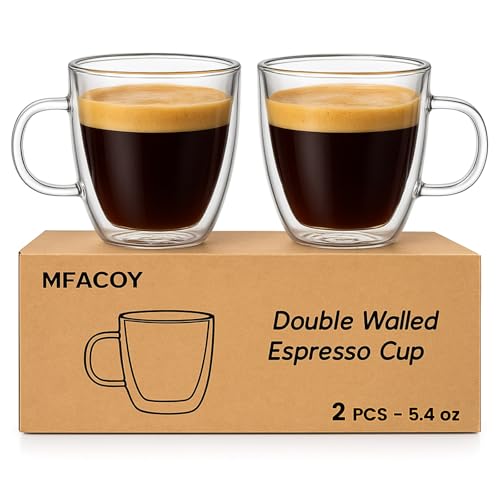 Mfacoy Glass Double Wall Insulated Espresso Cups (Set of 2), 5.4 oz Shots Cup with Handle, Insulated Glasses Mugs, Small Coffee Cups, Shot Glass - size: Espresso Cups