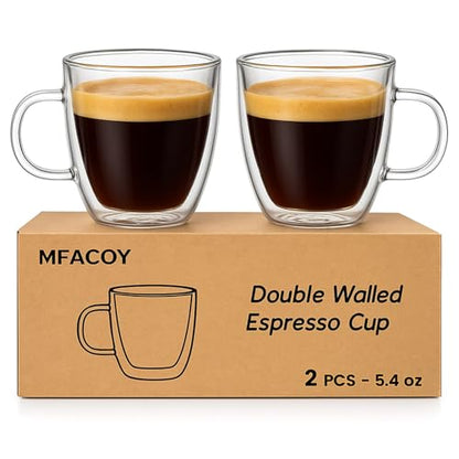 Mfacoy Glass Double Wall Insulated Espresso Cups (Set of 2), 5.4 oz Shots Cup with Handle, Insulated Glasses Mugs, Small Coffee Cups, Shot Glass - size: Espresso Cups