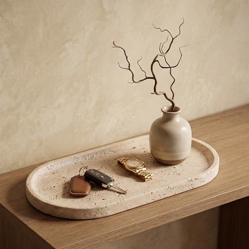 YKAJO Natural Travertine Beige Oval Marble Tray, 11.8x5.9 Vanity Organizer | Honed natural stone; jewelry & trinket dish, ring & key holder, soap & candle catchall; bath counter, dresser, coffee table - color: Natural Travertine Beige, size: 11.8" x 5.9"