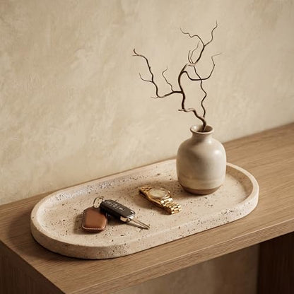 YKAJO Natural Travertine Beige Oval Marble Tray, 11.8x5.9 Vanity Organizer | Honed natural stone; jewelry & trinket dish, ring & key holder, soap & candle catchall; bath counter, dresser, coffee table - color: Natural Travertine Beige, size: 11.8" x 5.9"