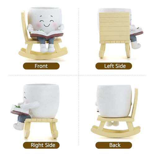 Smiley Face Planter Pot, Cute Resin Head Planter with Drainage Hole, Unique Rocking Chair Succulent Pot for Indoor Outdoor Plants, Funny Plant Lovers Gift for Mother's Day and Christmas (Side-Sitting) - size: 5.91x5.71x5.71"
