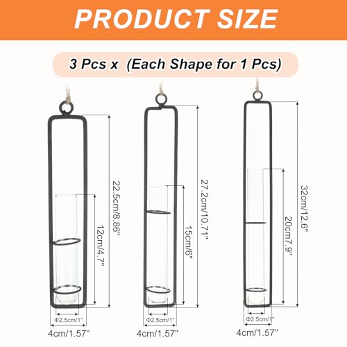 PATIKIL Plant Propagation Wall Hanging Terrarium with Metal Holder, 3 Sets Small/Medium/Large Glass Planter Tube Vase for Hydroponic Flower Office Bathroom Bedroom Decor, Black