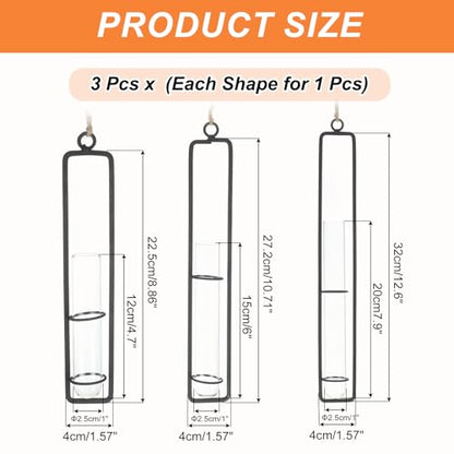 PATIKIL Plant Propagation Wall Hanging Terrarium with Metal Holder, 3 Sets Small/Medium/Large Glass Planter Tube Vase for Hydroponic Flower Office Bathroom Bedroom Decor, Black