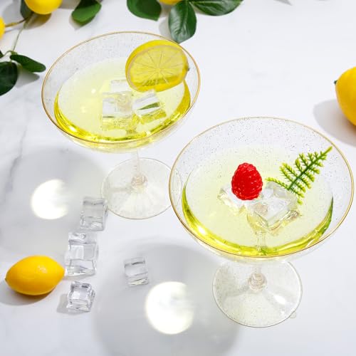 LemonRoad 24 Pcs Detachable Martini Glasses 9oz Disposable Plastic Coupe Cocktail Dessert Glassware Set for Champagne Wine Wedding Birthday Holiday Party Supplies (Transparent Gold Powder) - color: Transparent Gold Powder