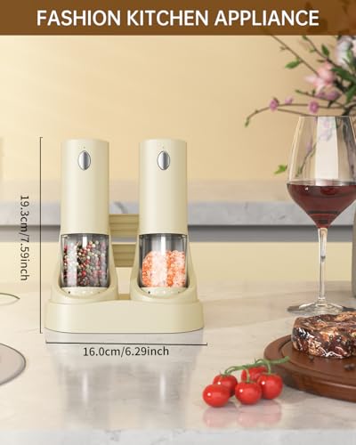 CIRCLE JOY Electric Salt and Pepper Grinder Set Automatic Salt and Pepper Grinder Set with Easy-to-Carry Charging Base and LED Light, USB Rechargeable, External Adjustable Coarseness, Light Yellow - color: Beige