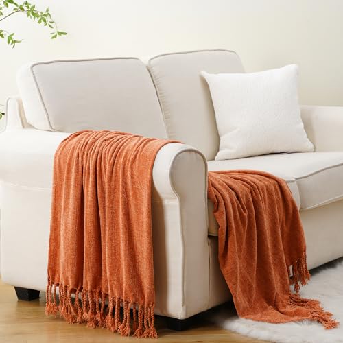 BATTILO HOME Burnt Orange Chenille Throw Blanket for Couch, Soft Cozy Knitted Fall Throw with Tassels, Lightweight Throw Blanket for Fall Decor Bed Sofa Living Room, 50"x60" | Soft Chenille Fall Blanket with Fringe Tassels, Lightweight Fall Decor and Fall