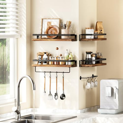 Amada Bathroom Shelves with Towel Bar, Set of 2, Rustic Brown | Floating Shelves with Detachable Towel Bar, Protective Metal Guards, Paulownia Wood, Bathroom, Living Room & Kitchen Storage - color: Rustic Brown