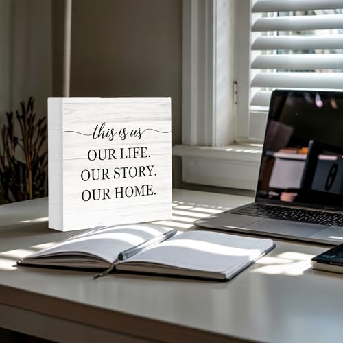 This Is Us Our Life Our Story Our Home Wooden Box Sign Decor, Family Signs for Living Room Entryway, Welcome Plaques for Desk Table Wall, Housewarming Gifts for New Home, 5x5 Inch