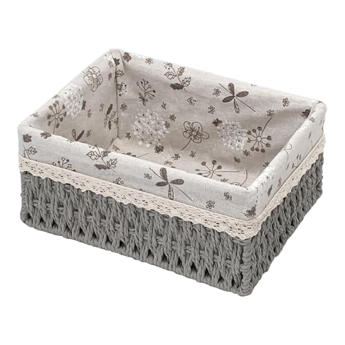 Wicker Storage Baskets, Handwoven Paper Rope Organizer Bins with Removable Floral Liner, Large for Bathroom, Pantry, Shelf, Countertop, Closet (Gray, L) - color: Gray, size: L