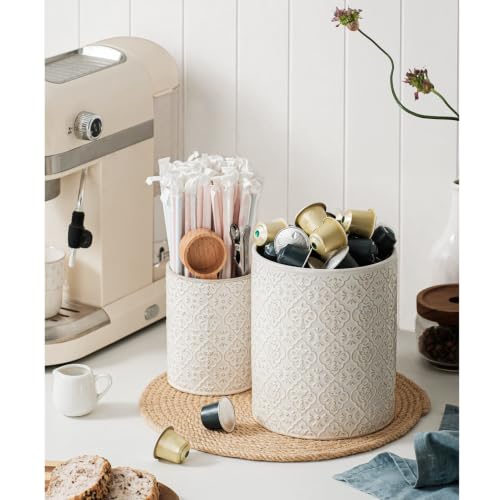 Utensil Holder Set of 2, 7.3”+5.2”Ceramic Utensil Crock Organizer | Farmhouse Countertop Storage, Embossed Pattern - color: Off-White Set of 2