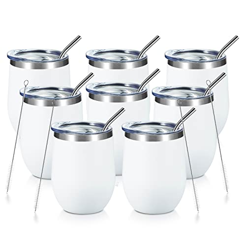 COMOOO 12oz Wine Tumbler with Lid and Straw, Stainless Steel Stemless Wine Glass, Double Wall Vacuum Insulated Wine Tumbler Cup, Cocktails,Beer,Champaign, White, 8 Pack - color: White