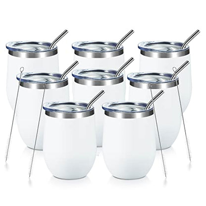 COMOOO 12oz Wine Tumbler with Lid and Straw, Stainless Steel Stemless Wine Glass, Double Wall Vacuum Insulated Wine Tumbler Cup, Cocktails,Beer,Champaign, White, 8 Pack - color: White