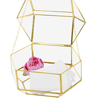 Koyal Wholesale 1 Pcs Gold Geometric Glass Wedding Card Box, Gold Wedding Reception Drop Box, Geometric Terrarium Glass Planter, Terrarium Card Box Centerpiece