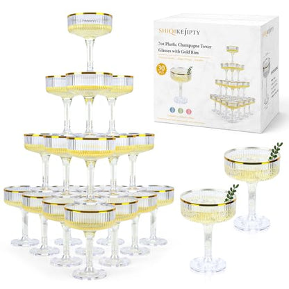 30 Pack Clear Champagne Tower Glasses 7OZ Plastic Martini Glasses Champagne Coupe Glass Cocktail Glass with Gold Rim Champagne Flutes Stackable Stemmed Coupe Glass for Weddings Birthday Party - color: Clear