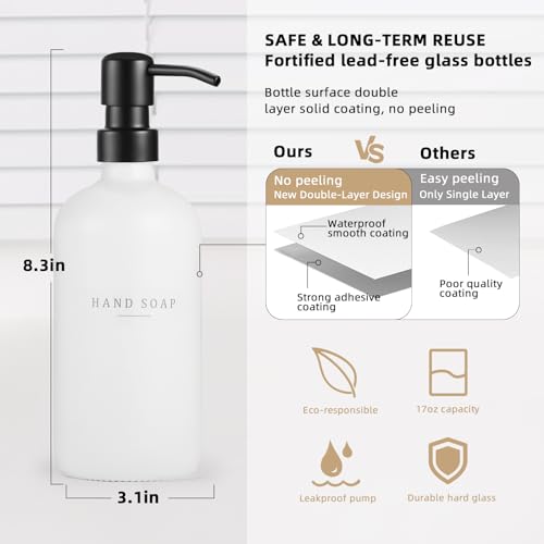 Glass Soap Dispenser - Dish Hand Soap Dispenser for Kitchen Set, Bathroom Soap Lotion Dispenser with 304 Rust Proof Pump, Tray, White Bottle/Black Pump - color: White Bottle/Black Pump + Tray + Funnel