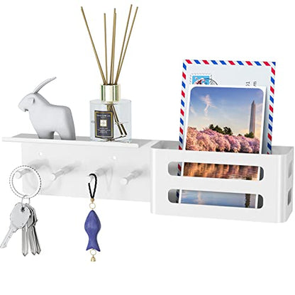 MKO Key Holder Wall Mount, Adhesive Key Hanger with 4 Hooks for Wall, White | Metal Material, Key Rack with Shelf, Wall Mount, Mail Organizer Tray, Suitable for Entryway, Hallway, Living Room - color: White with Shelf
