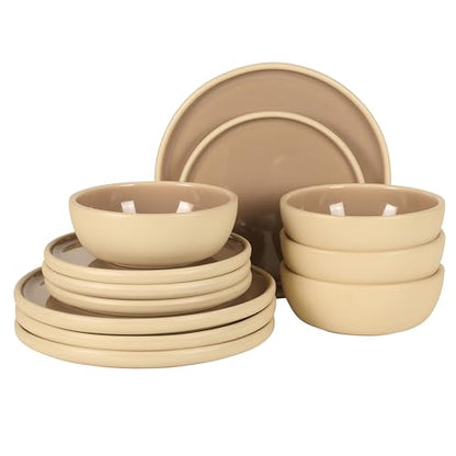 Gibson Elite - Made in Portugal - Port Gaia 12 Piece (Service for 4) Plates and Bowls Reactive Glaze Dishes Stoneware Ceramic Dinnerware Set - Taupe - color: Taupe (12pc Dinnerware Set)