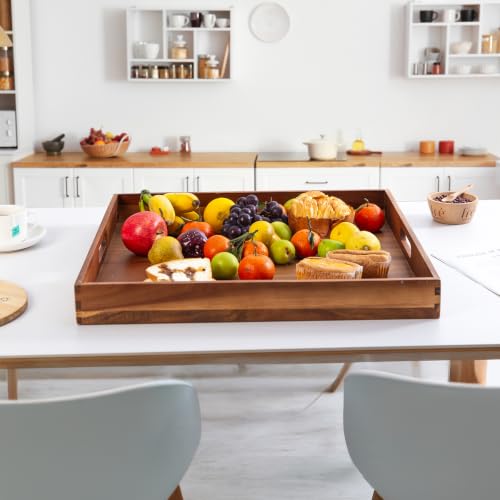 Large Wooden Serving Tray for Ottoman Wooden Ottoman Tray 20INCH Acacia Square Tray with Handles Wooden Coffee Table Tray Multi-Use for Dinner Breakfast Snack & Entertaining Guests
