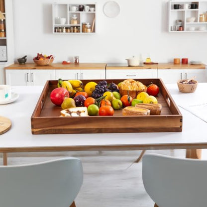 Large Wooden Serving Tray for Ottoman Wooden Ottoman Tray 20INCH Acacia Square Tray with Handles Wooden Coffee Table Tray Multi-Use for Dinner Breakfast Snack & Entertaining Guests