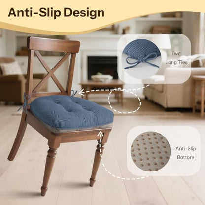 Anti Slip Kitchen Chair Cushions Set of 4 18"X16.5"X3" Light Blue | Elegant Breathable Textured Fabric, with Ties, Tufted, Thick Polyester Filling, for Dining Chairs, Folding Chairs, Office - color: Light Blue