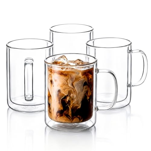 4PCS 12OZ Double Walled Glass Coffee Mugs, 350ml Borosilicate Glass Coffee Cups Insulated Coffee Mug with Handle Clear Heat Resistant Hot/Cold Beverages Dishwasher Safe Cappuccino Tea Latte