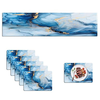 Mcalk Blue Marble Table Runner and Placemats Set of 6, Marble Print Placemats, Modern Cloth Place Mats Indoor for Kitchen,Washable Linen Material for Dining Table - color: 02blue