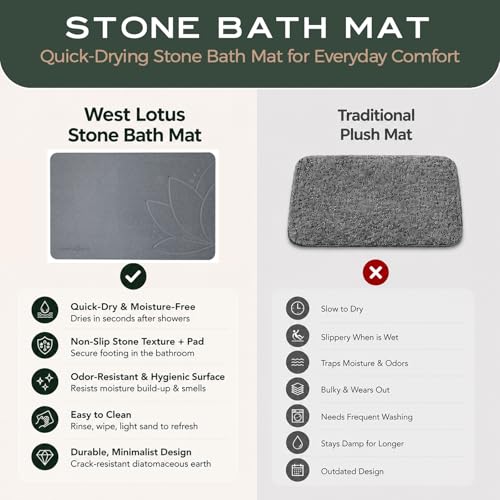 Stone Bath Mat - Diatomaceous Earth, Quick Dry - West Lotus | Non-Slip, Stone Bath Mats for Bathroom, Bath Stone, Diatomite, 23.6"x15.4", Luxury Bath Mat - color: West Lotus